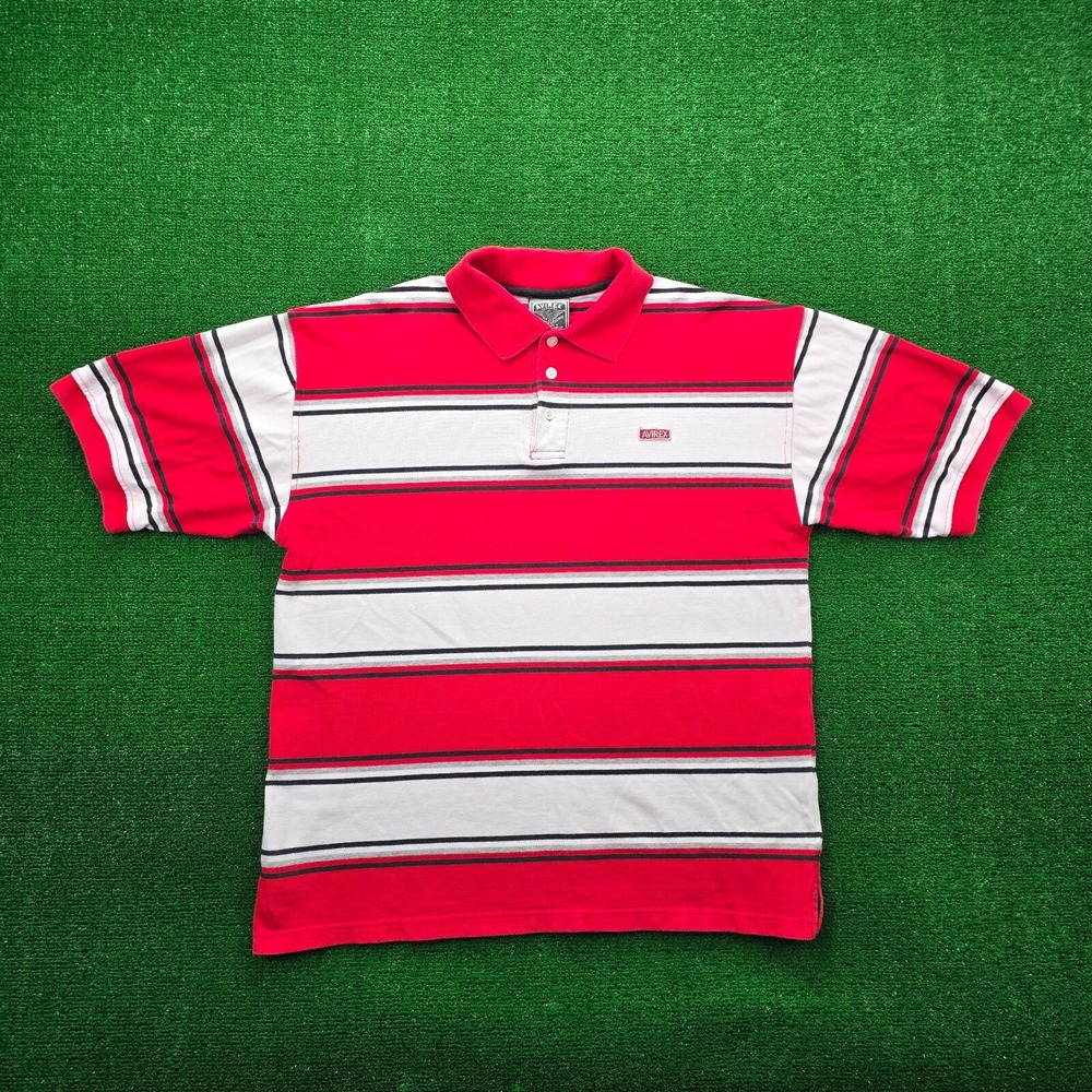 Avirex Polo Shirt Mens Large Red White Striped Short Sleeve Streetwear Y2K